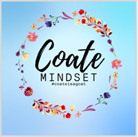 Circular floral design featuring the words 'Coate MINDSET' and the hashtag '#coateisagoat' on a soft blue background.